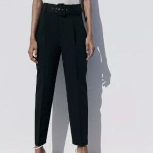 ZARA WOMEN'S HIGH WAISTED PANTS WITH FABRIC COVERED BELT BLACK